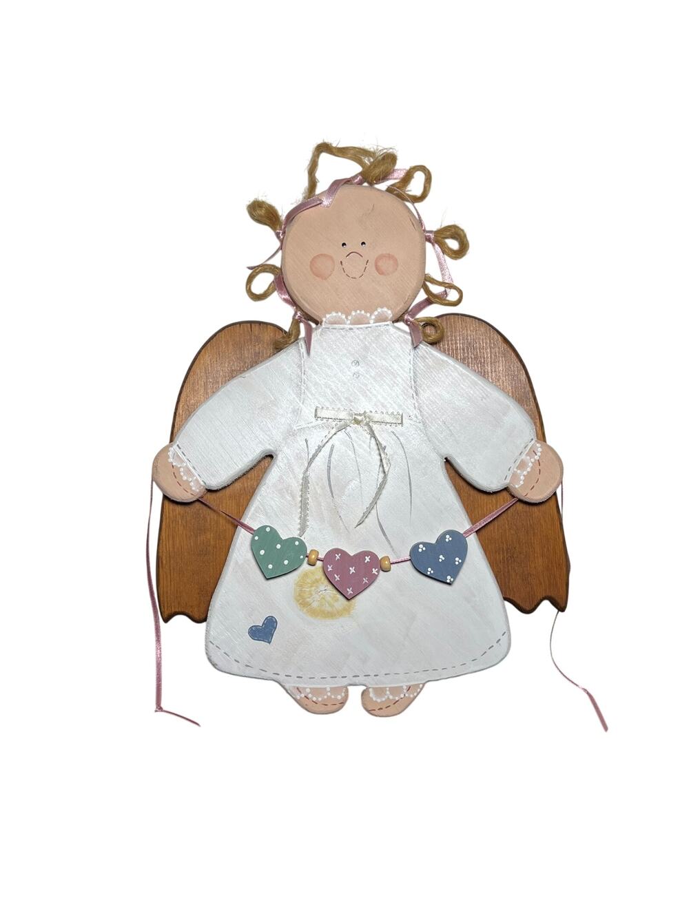 Handmade Wooden Angel Wall Hanging Folk Art Decor Hearts Garland 13"